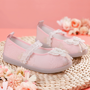 Djevojačke plesne cipele s Velcro zatvaračem – cvjetni perli i rhinestones, gornji dio od umjetne kože, đon MD, protuklizne, lagane, retro stil, za dob 4–16