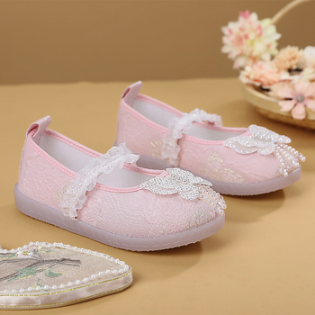 Djevojačke plesne cipele s Velcro zatvaračem – cvjetni perli i rhinestones, gornji dio od umjetne kože, đon MD, protuklizne, lagane, retro stil, za dob 4–16