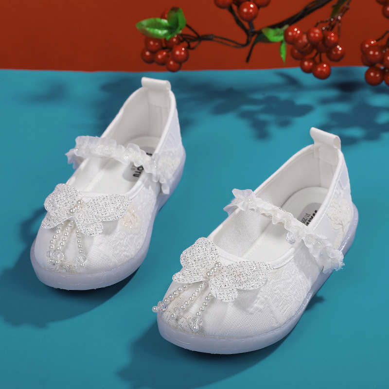 Djevojačke plesne cipele s Velcro zatvaračem – cvjetni perli i rhinestones, gornji dio od umjetne kože, đon MD, protuklizne, lagane, retro stil, za dob 4–16