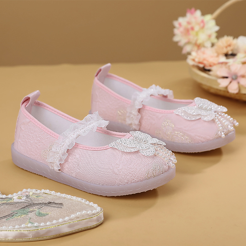 Djevojačke plesne cipele s Velcro zatvaračem – cvjetni perli i rhinestones, gornji dio od umjetne kože, đon MD, protuklizne, lagane, retro stil, za dob 4–16