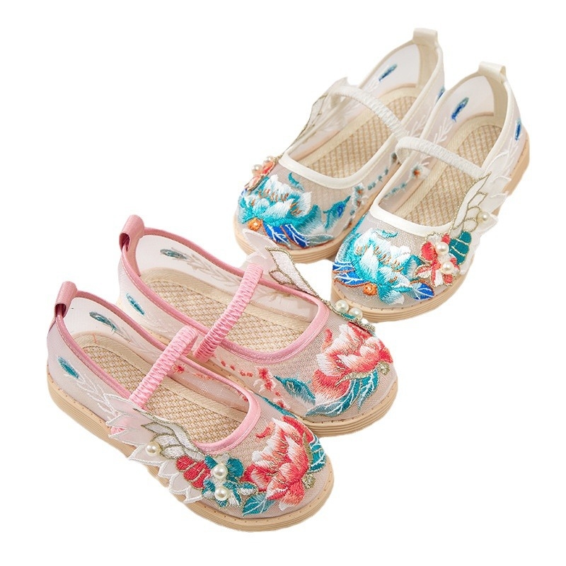 Tradicionalne mrežaste balerinke za djevojčice – prozračan gornji dio od mreže, cvjetni uzorak, gumeni potplat, lagane