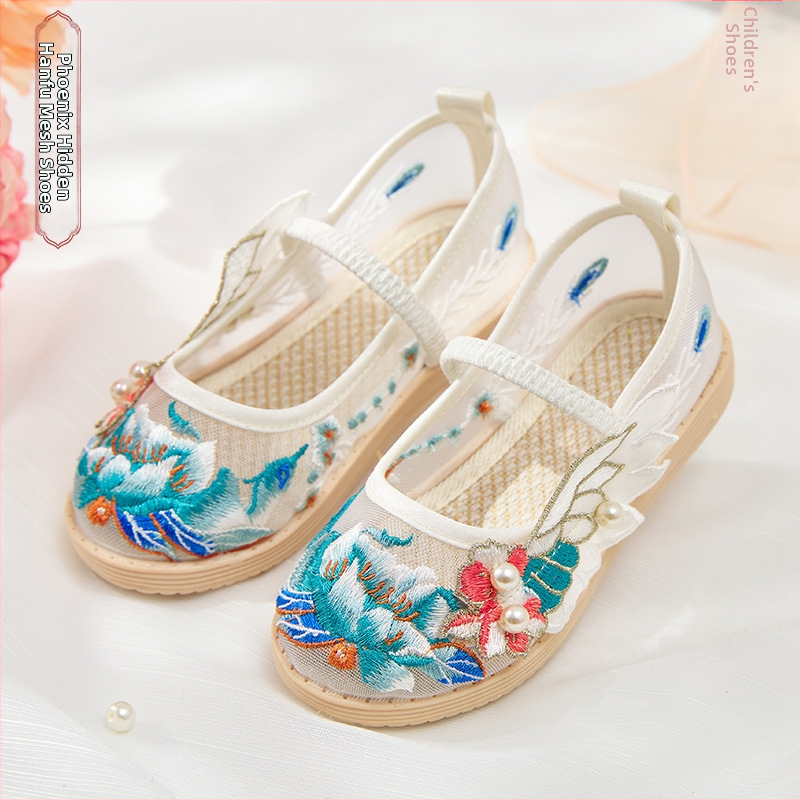 Tradicionalne mrežaste balerinke za djevojčice – prozračan gornji dio od mreže, cvjetni uzorak, gumeni potplat, lagane