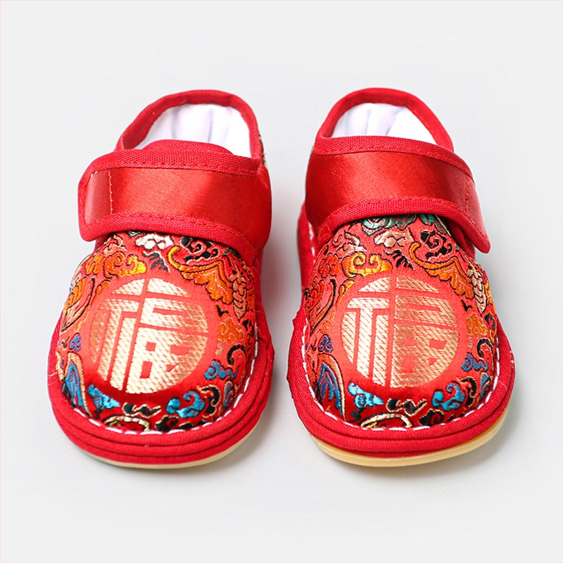 Dječje tradicionalne cipele od brokata, Velcro kopčanje, Wufu uzorak, višeslojna potplat (tkanina + guma), retro stil