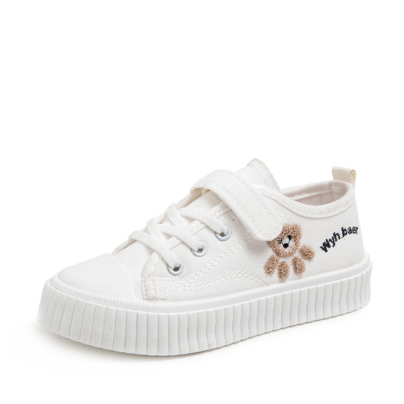 Dječje platnene tenisice s motivom medvjeda, unisex s Velcro zatvaračem, bijele, prozračne, udobne za školu
