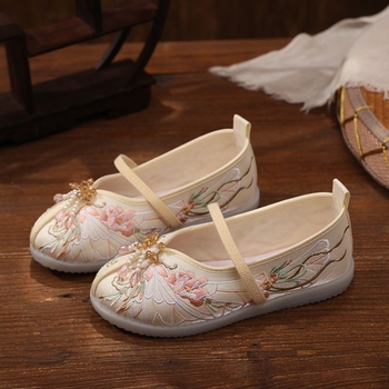 Pantofi Hanfu pentru fete - Broderie manuală, Stil etnic chinezesc, Bandă elastică, Partea superioară din bumbac, Talpă din tendon de vită