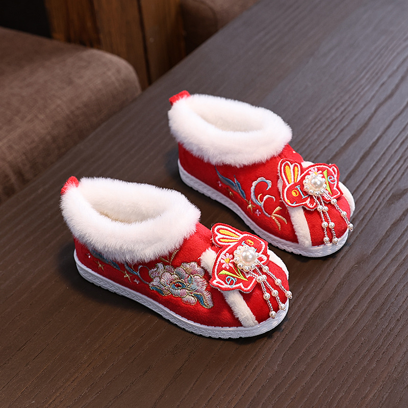 Djevojčice: Zimske čizme u etničkom stilu od brušene kože s pliš unutrašnjošću, Hanfu vezeno, potplat od telećeg tetiva