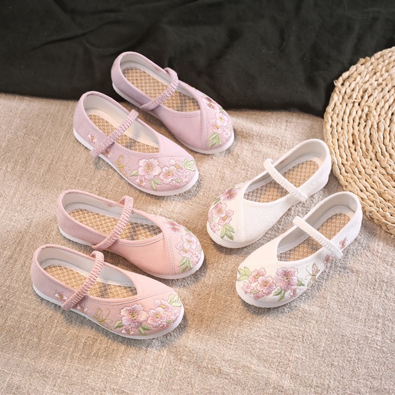 Dječje tenisice s nacionalnim stilom i cvjetnom izšivkom, gornji materijal od pamuka, kopča, za djevojčice 4–6 godina