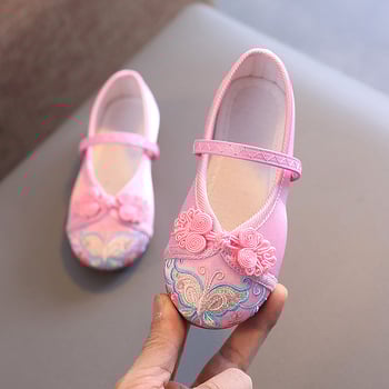 Pantofi pentru copii în stil etnic pentru fete - vârf din bumbac, branț din țesătură, talpă din tendon de vită, elastic pentru încălcare, broderie decorativă, pentru vârste 1–16 ani
