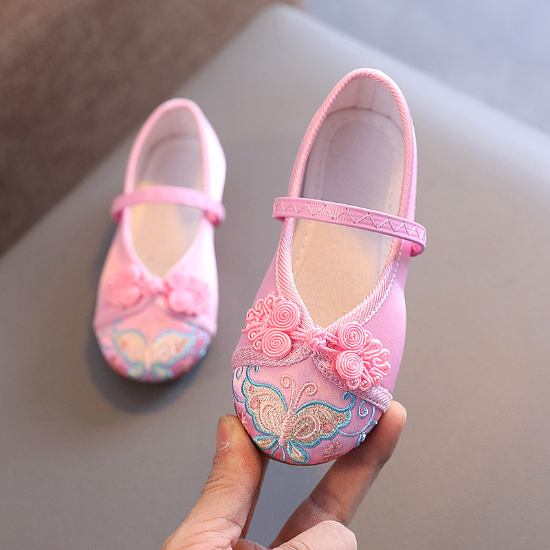 Pantofi pentru copii în stil etnic pentru fete - vârf din bumbac, branț din țesătură, talpă din tendon de vită, elastic pentru încălcare, broderie decorativă, pentru vârste 1–16 ani