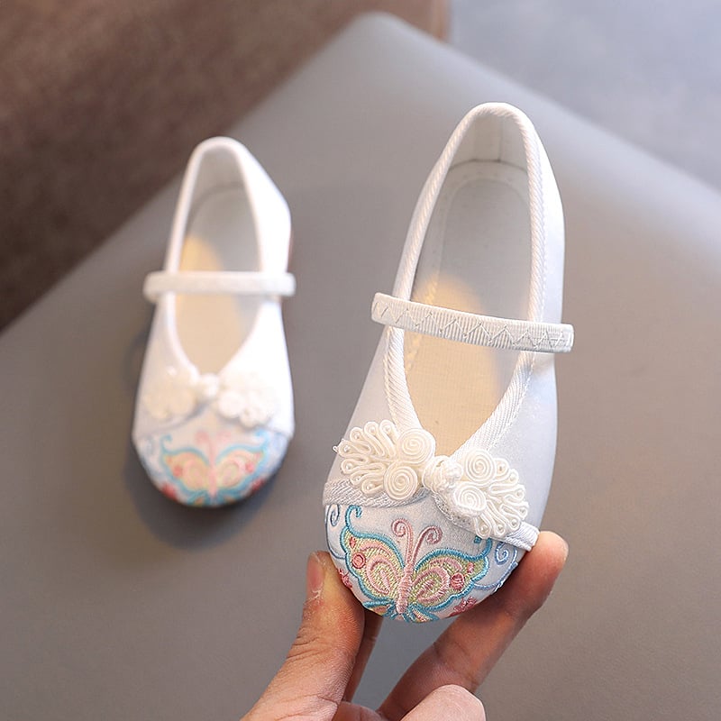 Pantofi pentru copii în stil etnic pentru fete - vârf din bumbac, branț din țesătură, talpă din tendon de vită, elastic pentru încălcare, broderie decorativă, pentru vârste 1–16 ani