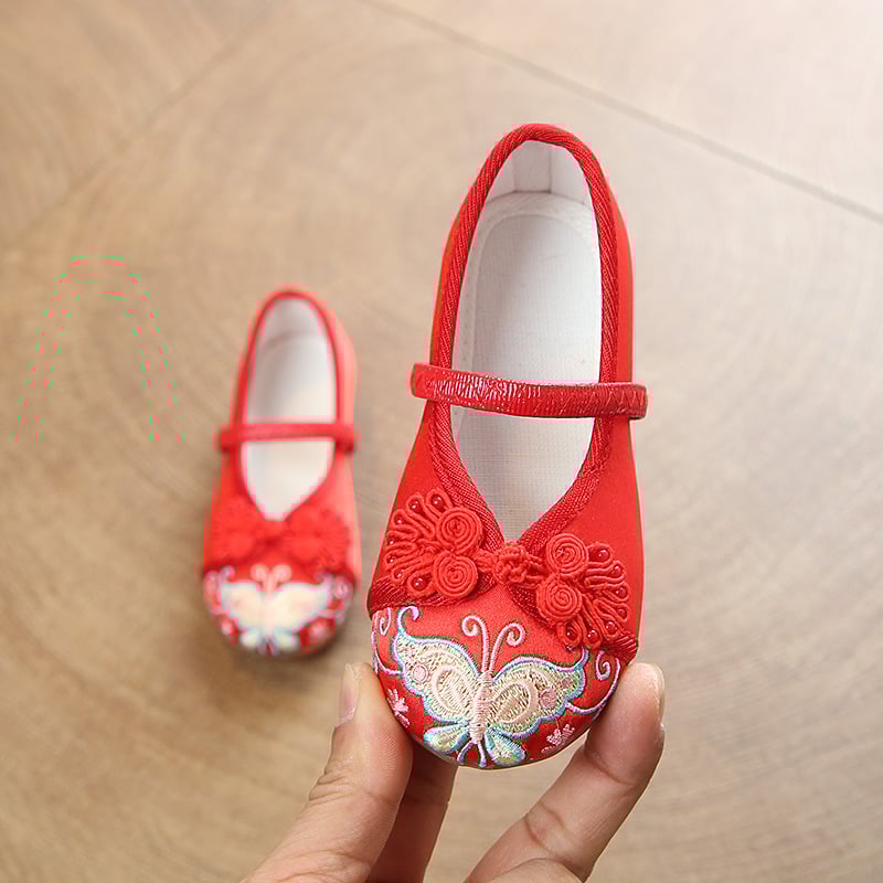 Pantofi pentru copii în stil etnic pentru fete - vârf din bumbac, branț din țesătură, talpă din tendon de vită, elastic pentru încălcare, broderie decorativă, pentru vârste 1–16 ani