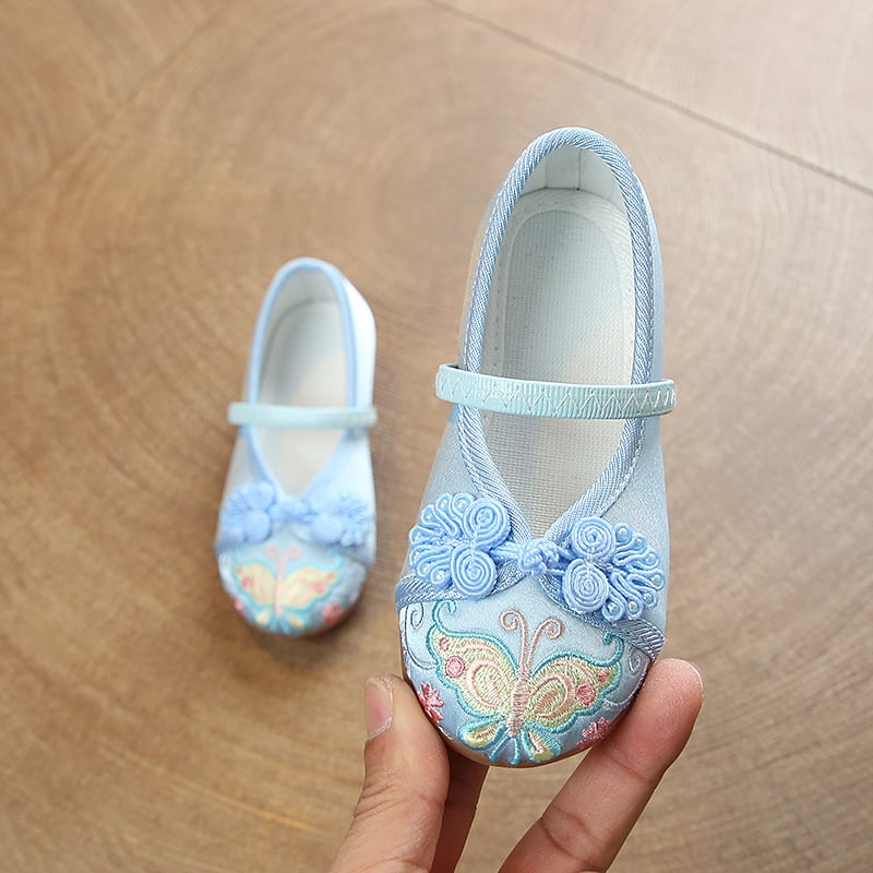 Pantofi pentru copii în stil etnic pentru fete - vârf din bumbac, branț din țesătură, talpă din tendon de vită, elastic pentru încălcare, broderie decorativă, pentru vârste 1–16 ani