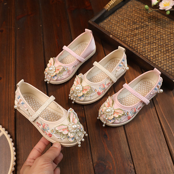 Cipele s izvezom za djevojčice, stil princeze, nacionalni vjetar; gornji dio od pamuka, podstava od tkanine, đon TPР, jednodijelne cipele za djecu 1–12 godina, proljeće 2024