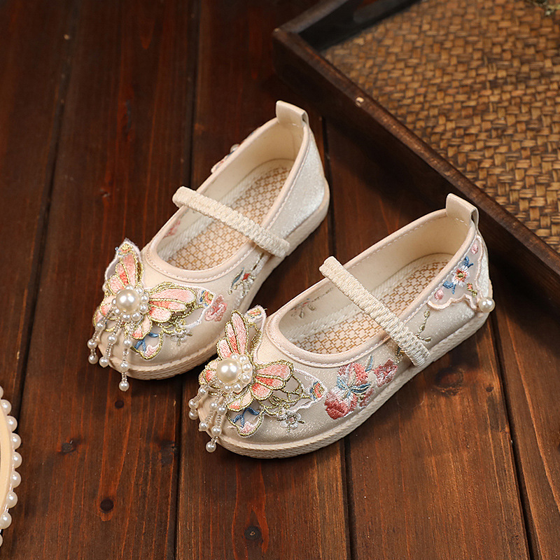 Cipele s izvezom za djevojčice, stil princeze, nacionalni vjetar; gornji dio od pamuka, podstava od tkanine, đon TPР, jednodijelne cipele za djecu 1–12 godina, proljeće 2024