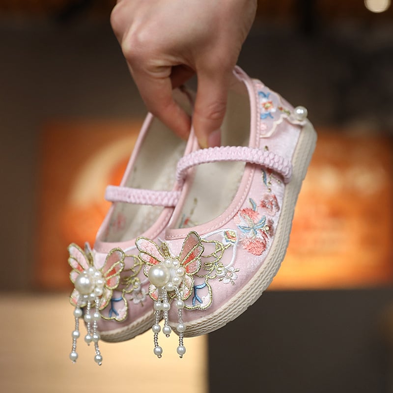 Cipele s izvezom za djevojčice, stil princeze, nacionalni vjetar; gornji dio od pamuka, podstava od tkanine, đon TPР, jednodijelne cipele za djecu 1–12 godina, proljeće 2024