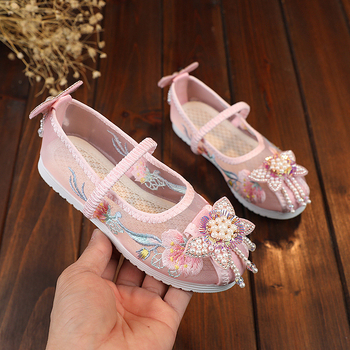 Hanfu cipele s vezom za djevojčice, nacionalni stil (gornji dio: mreža; unutarnji dio: mreža; ulošak: tkanina; potplat: goveđa tetiva; uzrast: 2–10 godina)