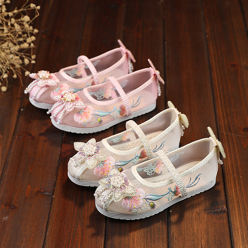 Hanfu cipele s vezom za djevojčice, nacionalni stil (gornji dio: mreža; unutarnji dio: mreža; ulošak: tkanina; potplat: goveđa tetiva; uzrast: 2–10 godina)