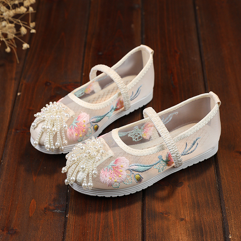 Hanfu cipele s vezom za djevojčice, nacionalni stil (gornji dio: mreža; unutarnji dio: mreža; ulošak: tkanina; potplat: goveđa tetiva; uzrast: 2–10 godina)