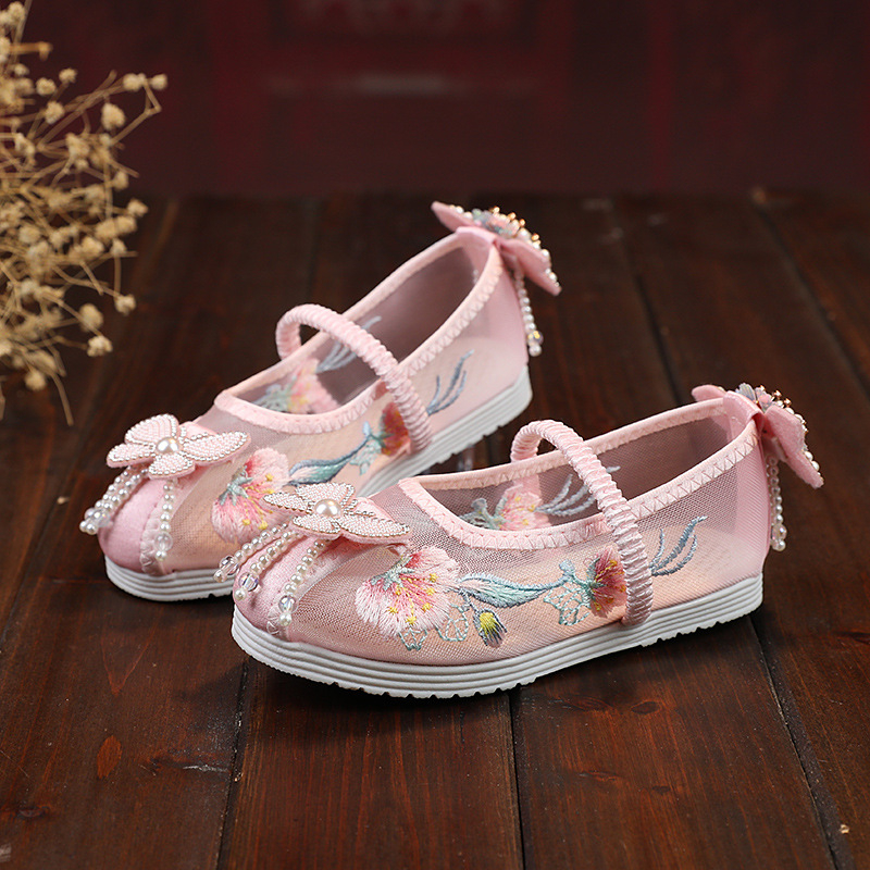 Hanfu cipele s vezom za djevojčice, nacionalni stil (gornji dio: mreža; unutarnji dio: mreža; ulošak: tkanina; potplat: goveđa tetiva; uzrast: 2–10 godina)