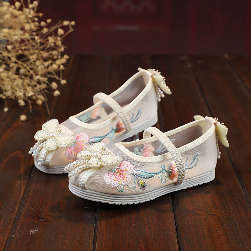 Hanfu cipele s vezom za djevojčice, nacionalni stil (gornji dio: mreža; unutarnji dio: mreža; ulošak: tkanina; potplat: goveđa tetiva; uzrast: 2–10 godina)