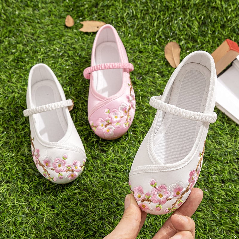 Dječje Hanfu cipele, etničke izvezeni platnene cipele (satenski gornji dio; zatvaranje gumicom; potplat od teleće tetive)