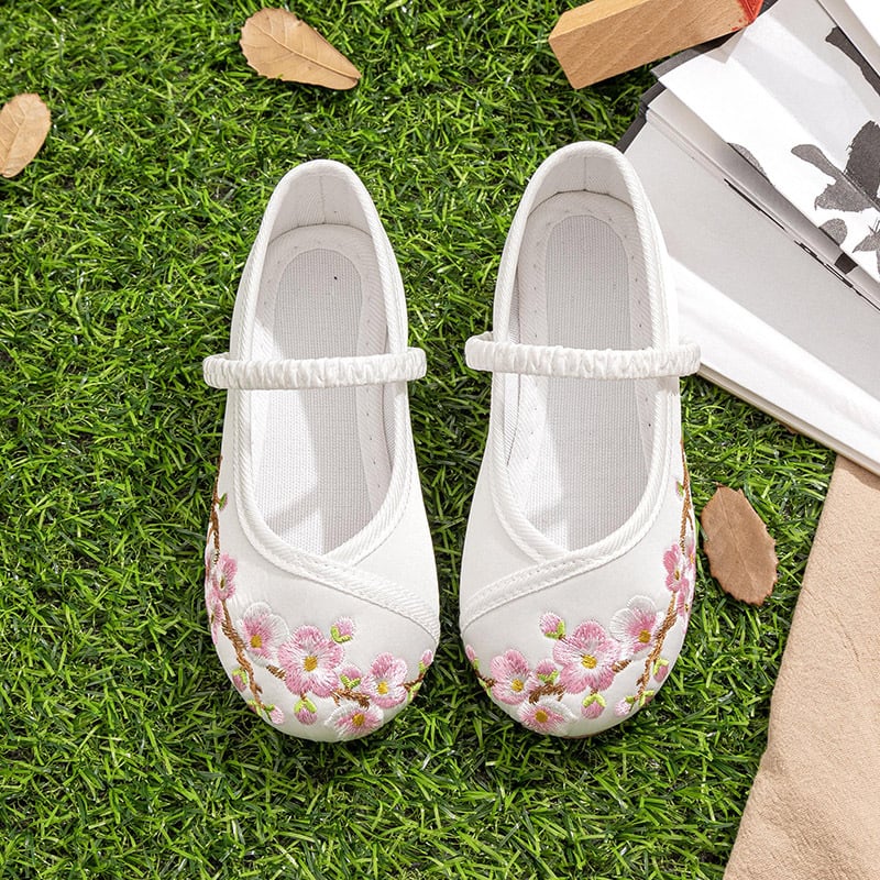 Dječje Hanfu cipele, etničke izvezeni platnene cipele (satenski gornji dio; zatvaranje gumicom; potplat od teleće tetive)