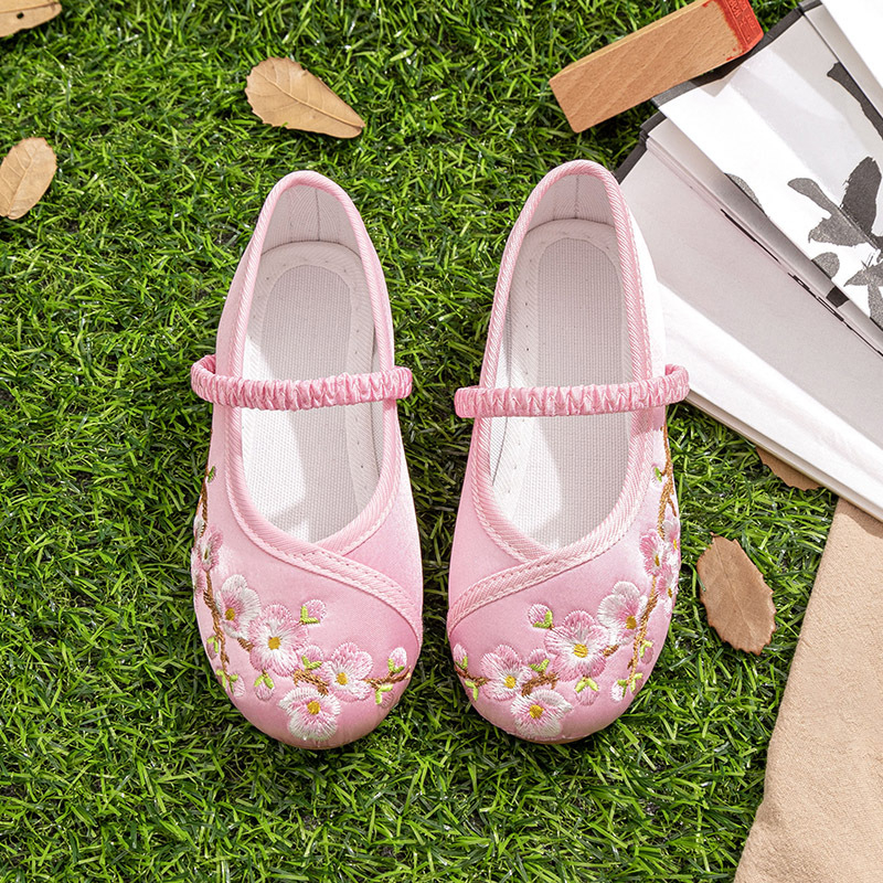 Dječje Hanfu cipele, etničke izvezeni platnene cipele (satenski gornji dio; zatvaranje gumicom; potplat od teleće tetive)