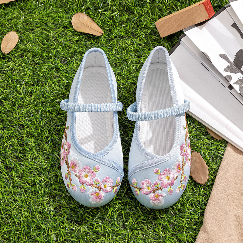 Dječje Hanfu cipele, etničke izvezeni platnene cipele (satenski gornji dio; zatvaranje gumicom; potplat od teleće tetive)