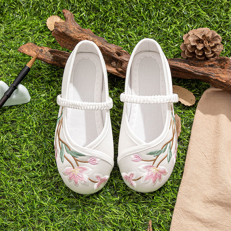 Dječje Hanfu cipele, etničke izvezeni platnene cipele (satenski gornji dio; zatvaranje gumicom; potplat od teleće tetive)