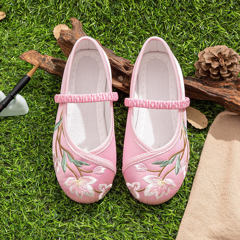 Dječje Hanfu cipele, etničke izvezeni platnene cipele (satenski gornji dio; zatvaranje gumicom; potplat od teleće tetive)