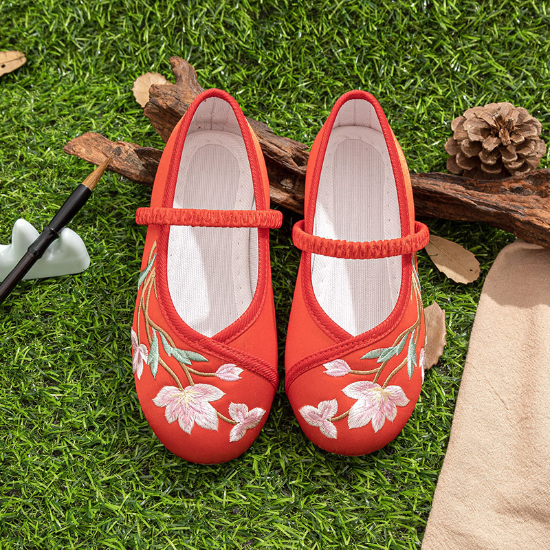 Dječje Hanfu cipele, etničke izvezeni platnene cipele (satenski gornji dio; zatvaranje gumicom; potplat od teleće tetive)