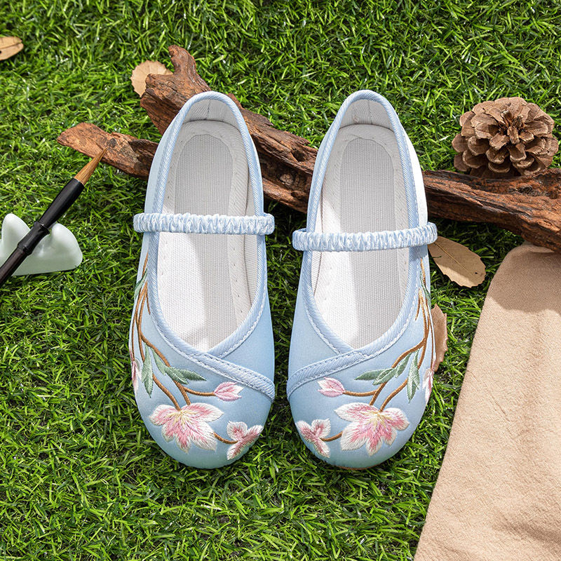 Dječje Hanfu cipele, etničke izvezeni platnene cipele (satenski gornji dio; zatvaranje gumicom; potplat od teleće tetive)