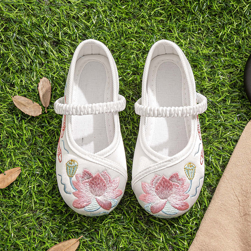 Dječje Hanfu cipele, etničke izvezeni platnene cipele (satenski gornji dio; zatvaranje gumicom; potplat od teleće tetive)