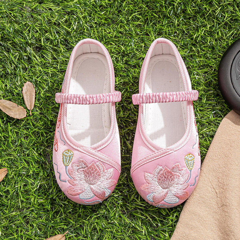 Dječje Hanfu cipele, etničke izvezeni platnene cipele (satenski gornji dio; zatvaranje gumicom; potplat od teleće tetive)