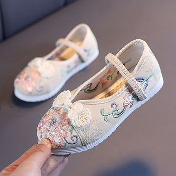 Pantofi fete cu stil etnic și broderie, pantofi unici, partea superioară din țesătură de bumbac, talpă din cauciuc, bandă elastică, pentru vârste 1-16 ani