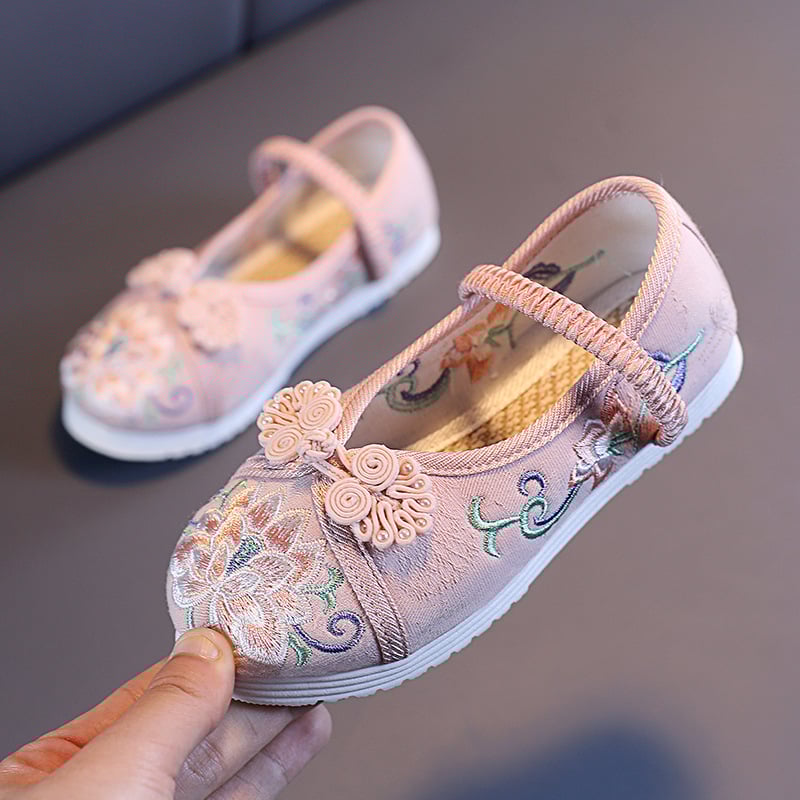 Pantofi fete cu stil etnic și broderie, pantofi unici, partea superioară din țesătură de bumbac, talpă din cauciuc, bandă elastică, pentru vârste 1-16 ani