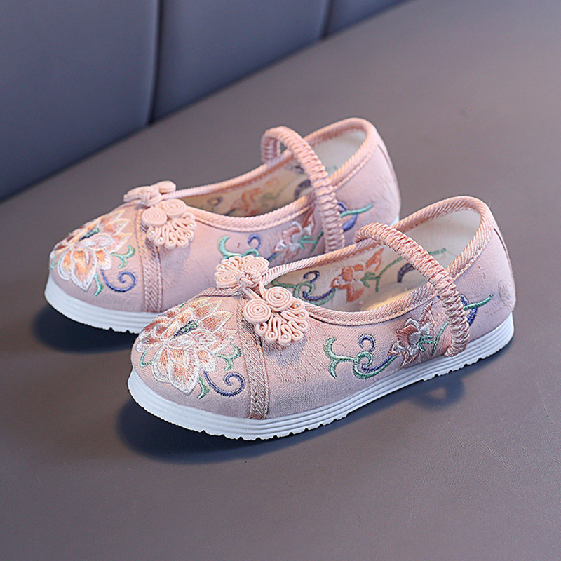 Pantofi fete cu stil etnic și broderie, pantofi unici, partea superioară din țesătură de bumbac, talpă din cauciuc, bandă elastică, pentru vârste 1-16 ani