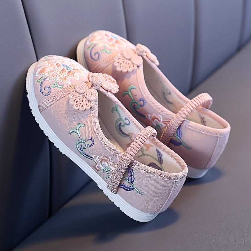 Pantofi fete cu stil etnic și broderie, pantofi unici, partea superioară din țesătură de bumbac, talpă din cauciuc, bandă elastică, pentru vârste 1-16 ani