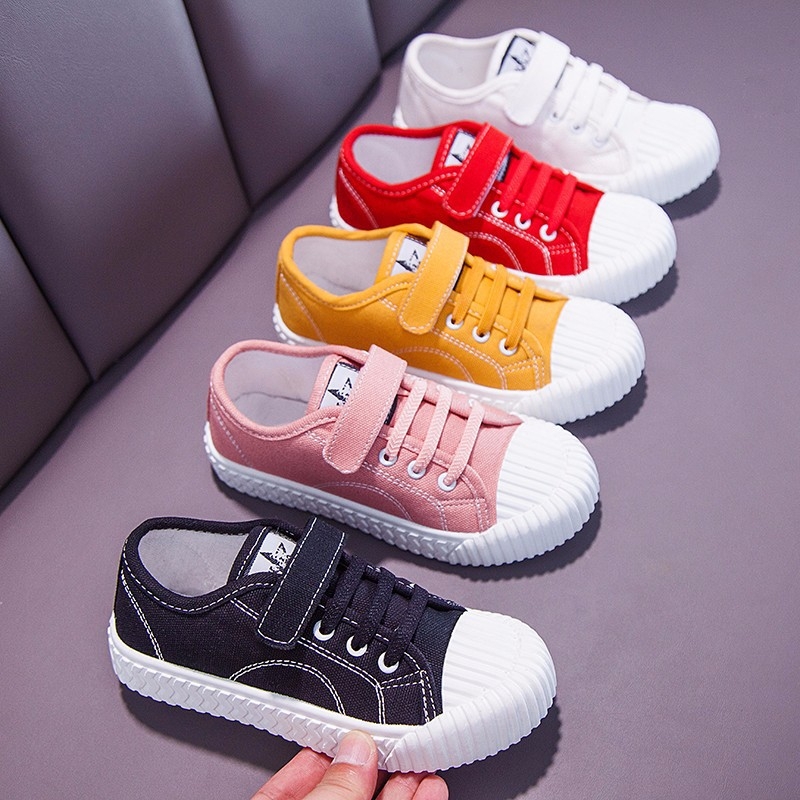 Unisex bijele platnene tenisice za djecu, korejskog stila, prozračne, niski gornji dio, Velcro zatvarač, gumeni đon, vafl đon, proljeće-jesen