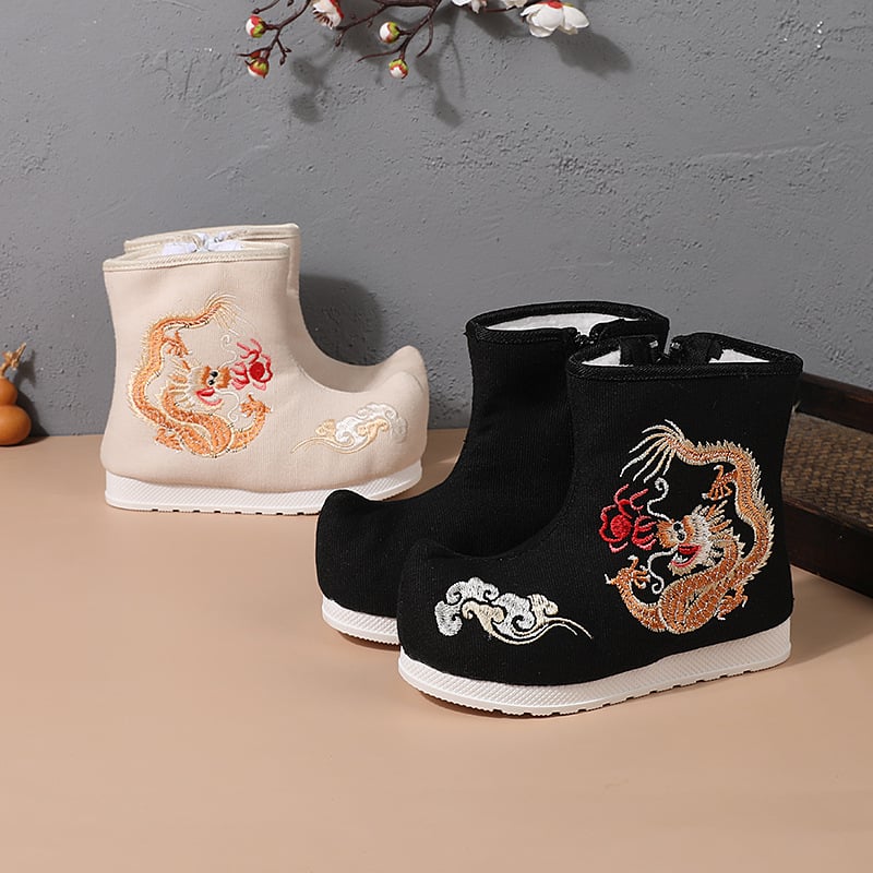 Hanfu csizmák etnikus stílusban, lányoknak, oldalsó cipzár, felső rész sűrű vászon, plüss bélés, TPR talp