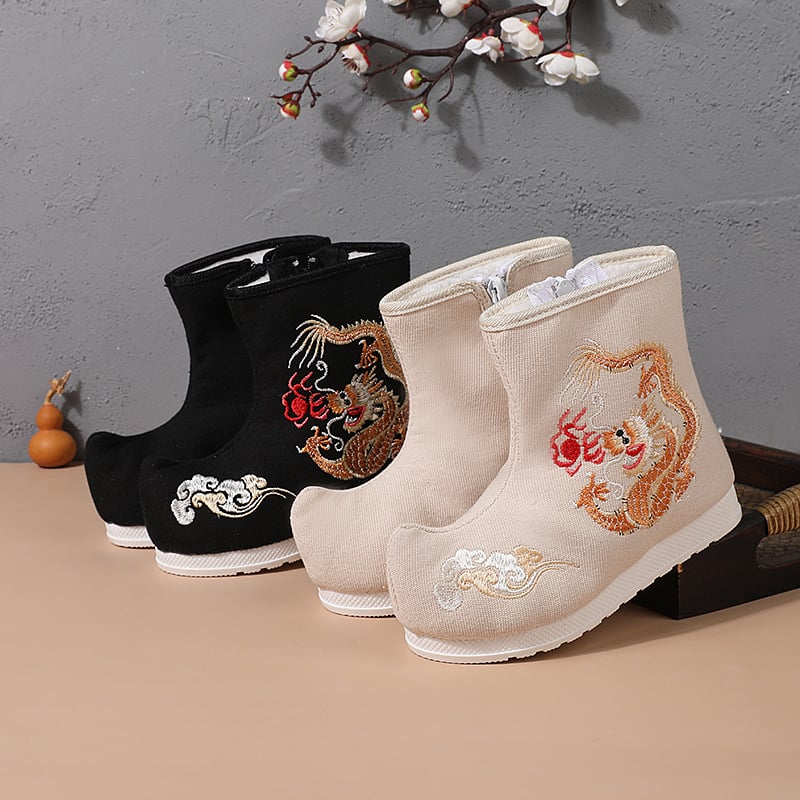 Hanfu csizmák etnikus stílusban, lányoknak, oldalsó cipzár, felső rész sűrű vászon, plüss bélés, TPR talp