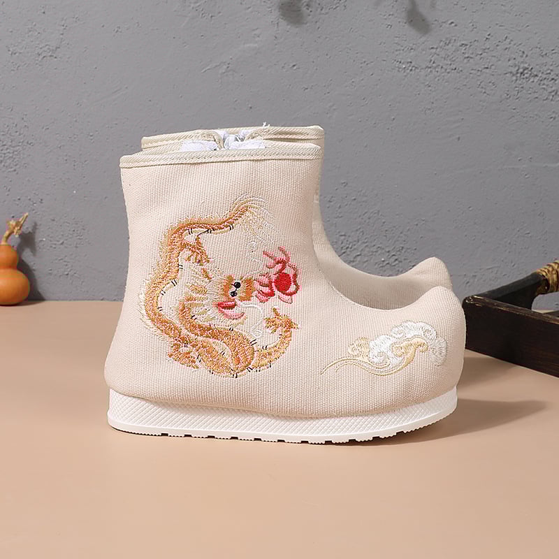 Hanfu csizmák etnikus stílusban, lányoknak, oldalsó cipzár, felső rész sűrű vászon, plüss bélés, TPR talp