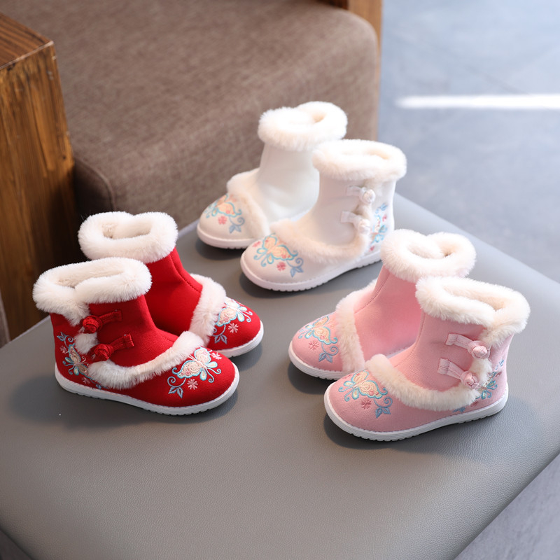 Botosei de iarnă pentru fetițe, din pânză, cu broderie, căptușeală din pluș sintetic, talpă TPR, pentru copii 4–12 ani