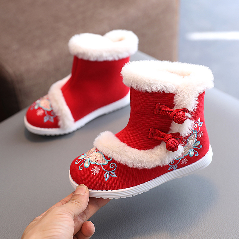 Botosei de iarnă pentru fetițe, din pânză, cu broderie, căptușeală din pluș sintetic, talpă TPR, pentru copii 4–12 ani