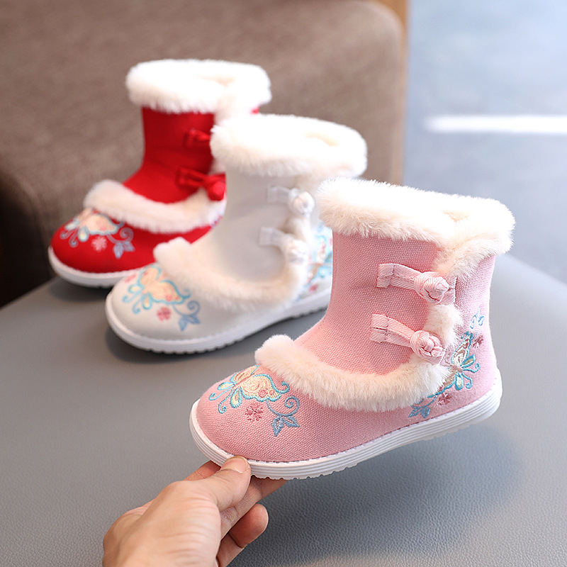 Botosei de iarnă pentru fetițe, din pânză, cu broderie, căptușeală din pluș sintetic, talpă TPR, pentru copii 4–12 ani