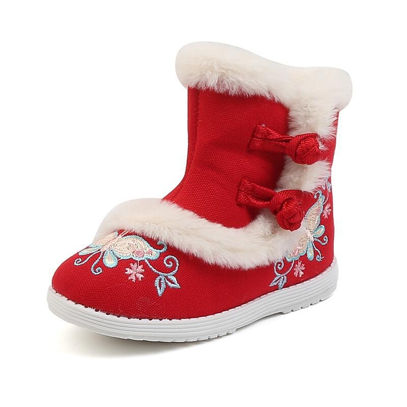Botosei de iarnă pentru fetițe, din pânză, cu broderie, căptușeală din pluș sintetic, talpă TPR, pentru copii 4–12 ani