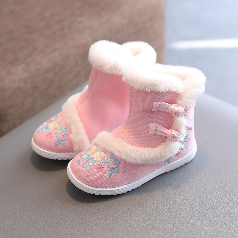 Botosei de iarnă pentru fetițe, din pânză, cu broderie, căptușeală din pluș sintetic, talpă TPR, pentru copii 4–12 ani