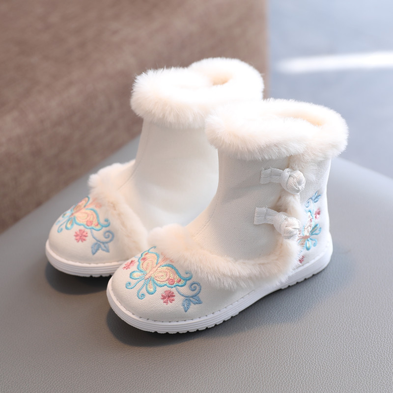 Botosei de iarnă pentru fetițe, din pânză, cu broderie, căptușeală din pluș sintetic, talpă TPR, pentru copii 4–12 ani