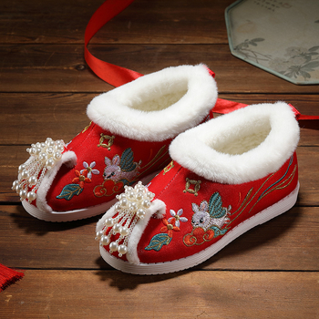 Pantofi de iarnă pentru fete, cu căptușeală fleece, broderie florală, partea superioară din bumbac, talpă din cauciuc, stil etnic