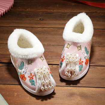 Pantofi de iarnă pentru fete, cu căptușeală fleece, broderie florală, partea superioară din bumbac, talpă din cauciuc, stil etnic